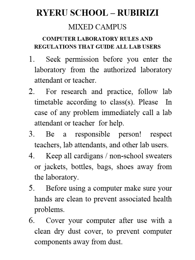 Ryeru School Rubirizi Computer Laboratory Rules and Regulations That