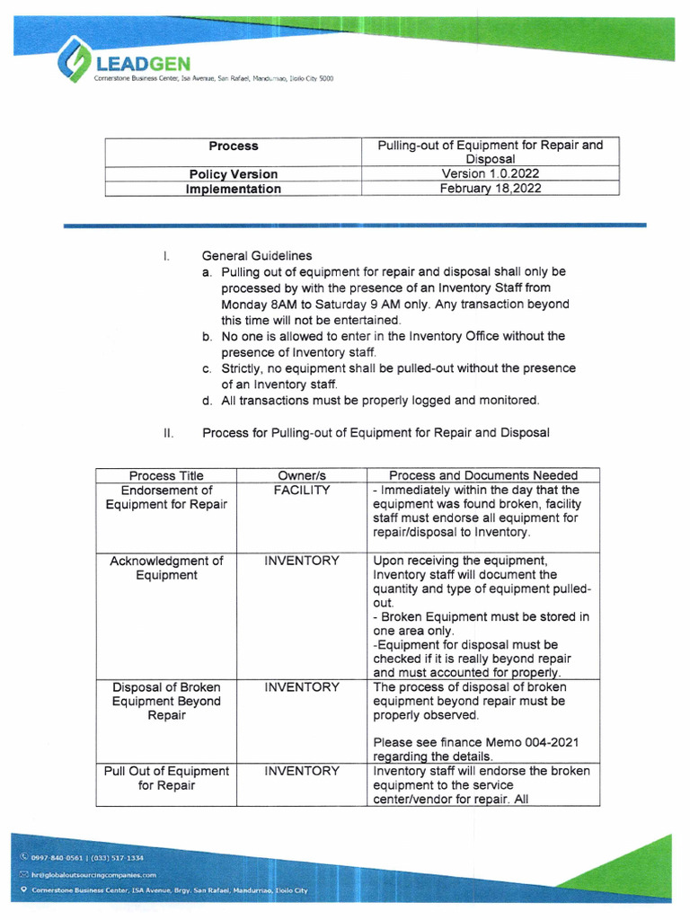 Policy On Pulling-Out of Equipment | PDF