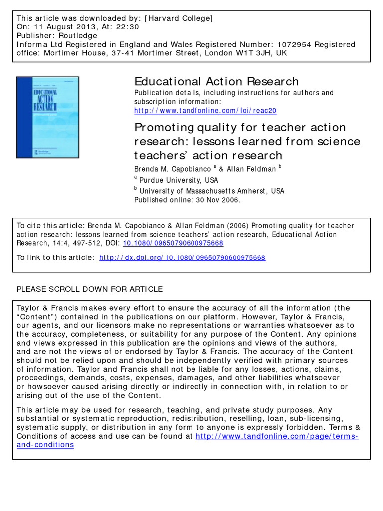 Promoting Quality For Teacher Action Research Lessons Learned From