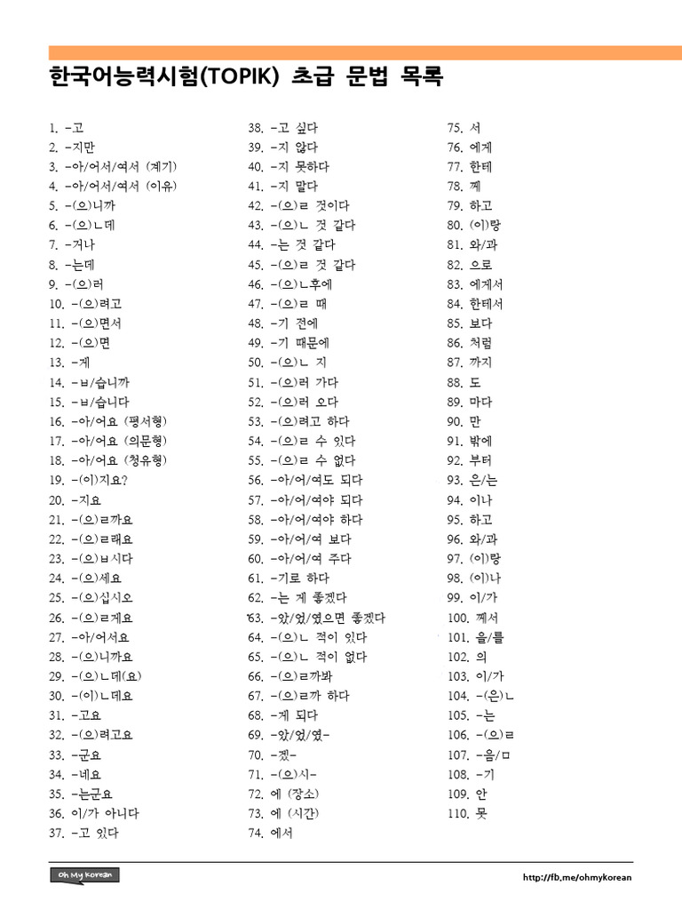 TOPIK Test of Proficiency in Korean Elementary Grammar List | PDF