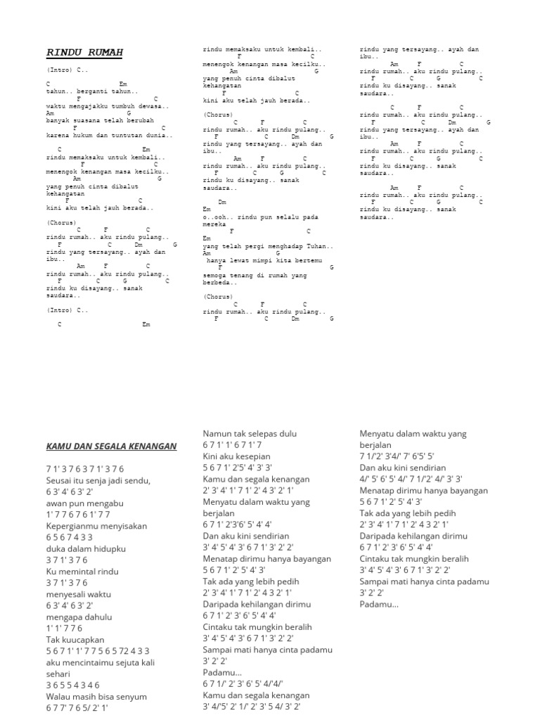 Chord Lagu Rindu Rumah dan Pulang | PDF