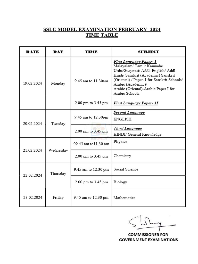 Hsslive SSLC Model Exam Time Table 2025 PDF
