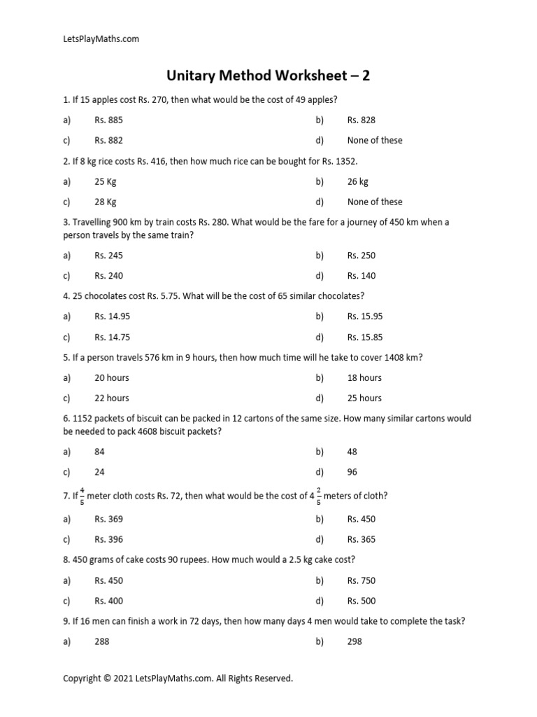 Unitary Method Worksheet 2 PDF