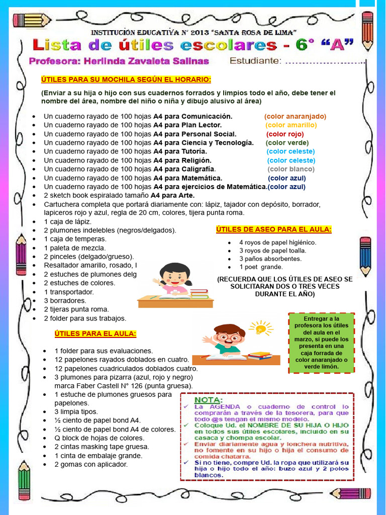 Lista de útiles escolares 2023 | PDF | Cuaderno | Color