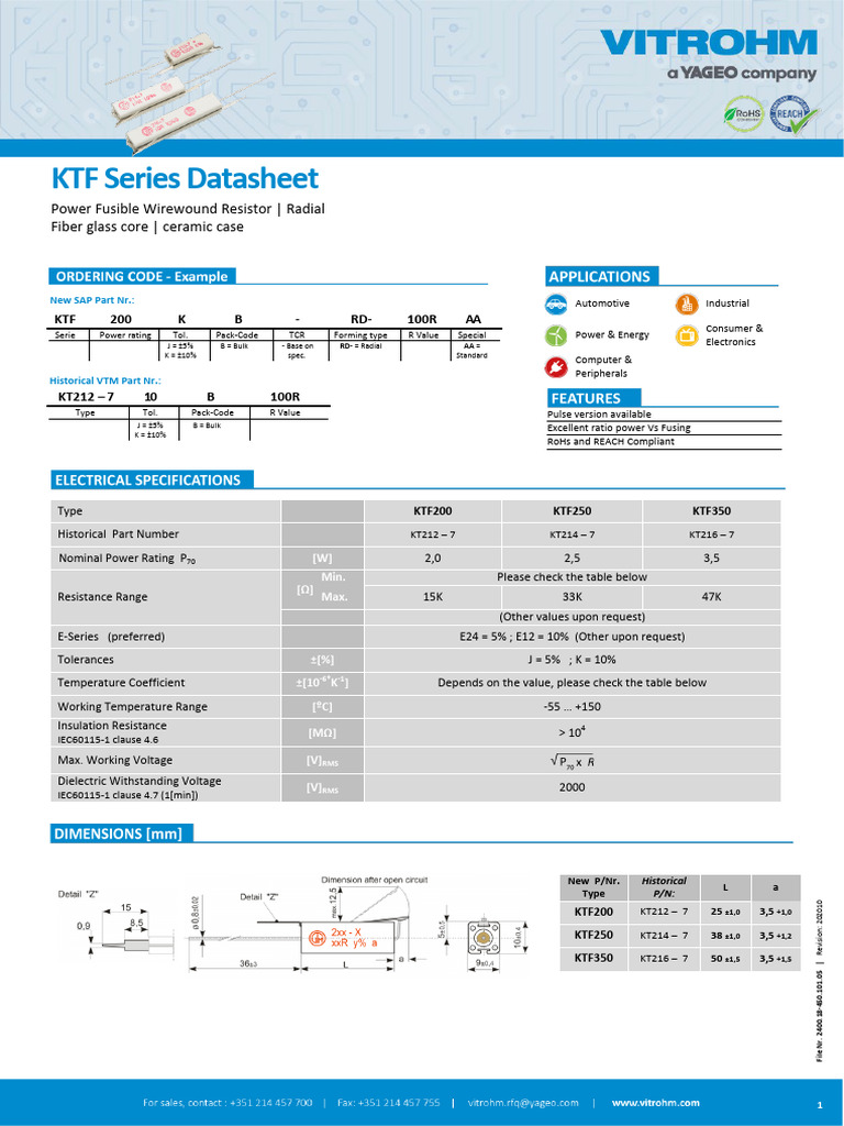 Vitrohm KTF Wirewound Fusible Resistor Datasheet PDF Resistor
