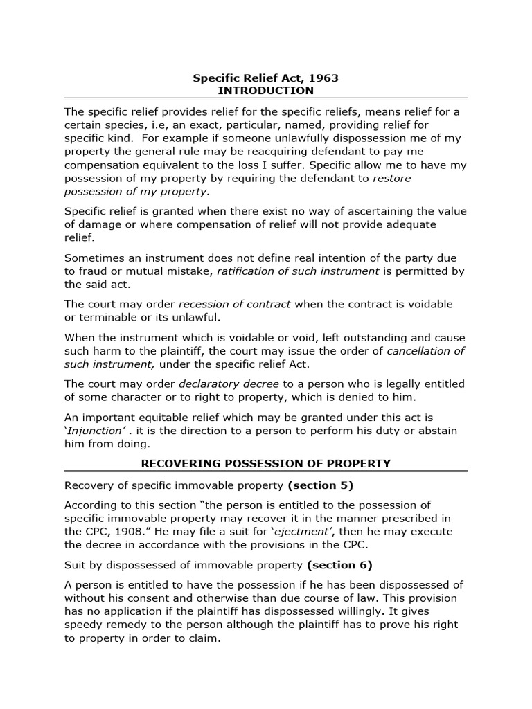 Specific Relief Act Notes PDF Legal Remedy Injunction