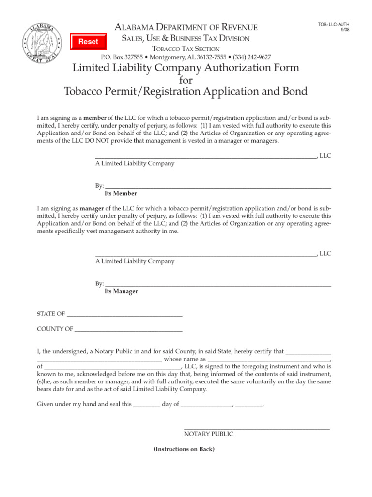 Limited Liability Company Authorization Form For Tobacco Permit Registration Application and