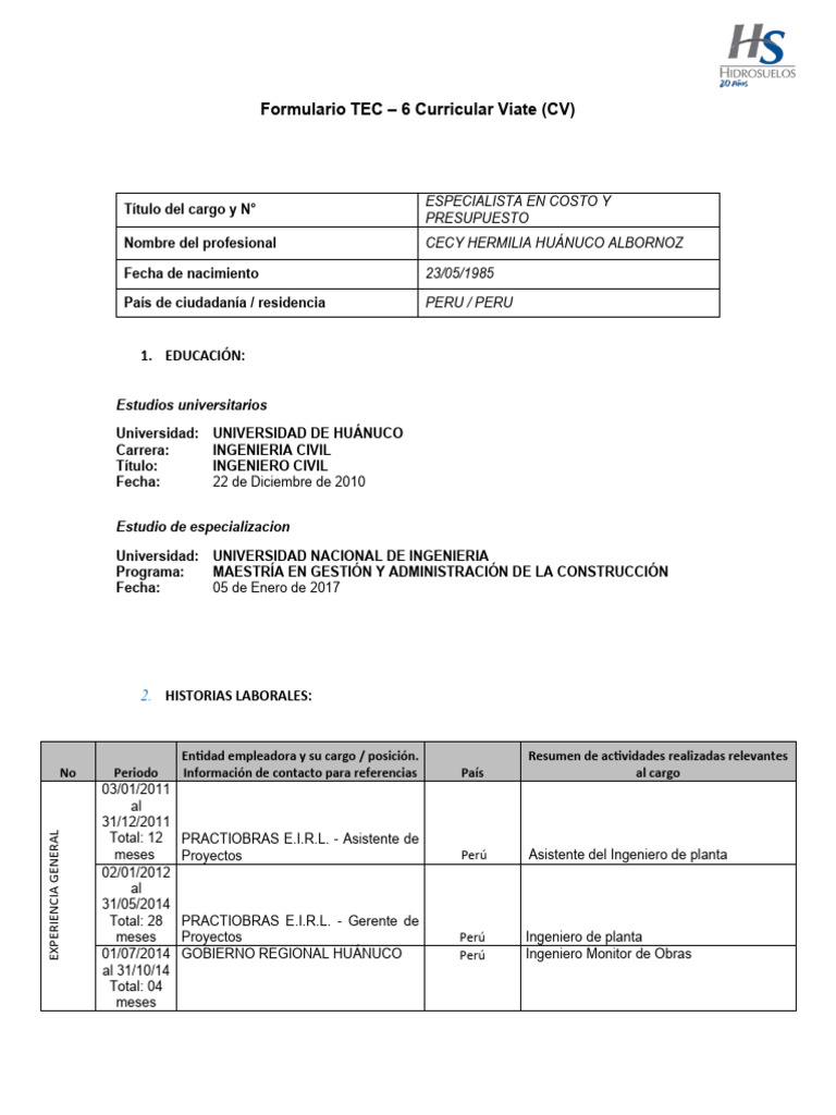1.formulario Tec 6 CV - Costo y Presupuesto Cecy | PDF