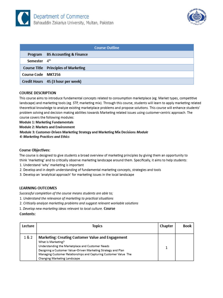 Principles of Marketing Course Outline | PDF | Marketing | Consumer ...