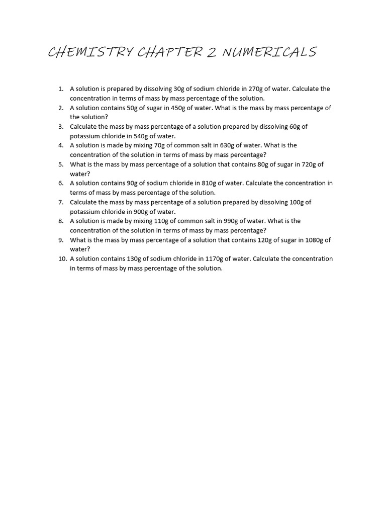 Chemistry Chapter 2 Numericals Pdf