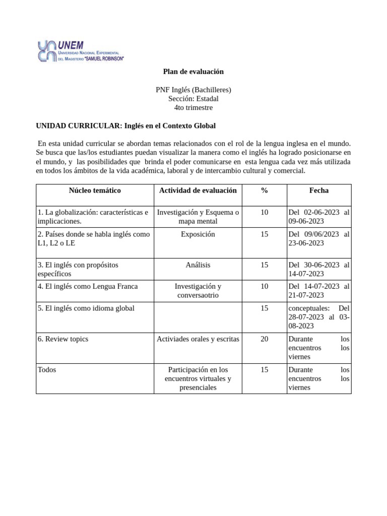 Plan de Evaluación | PDF | Estudios de idiomas extranjeros