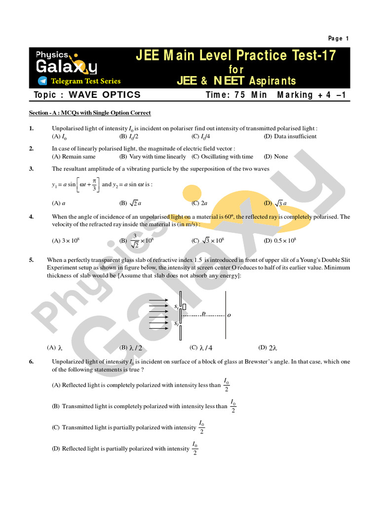 #MOCK JEE Main Practice Test-17 - Wave Optics | PDF