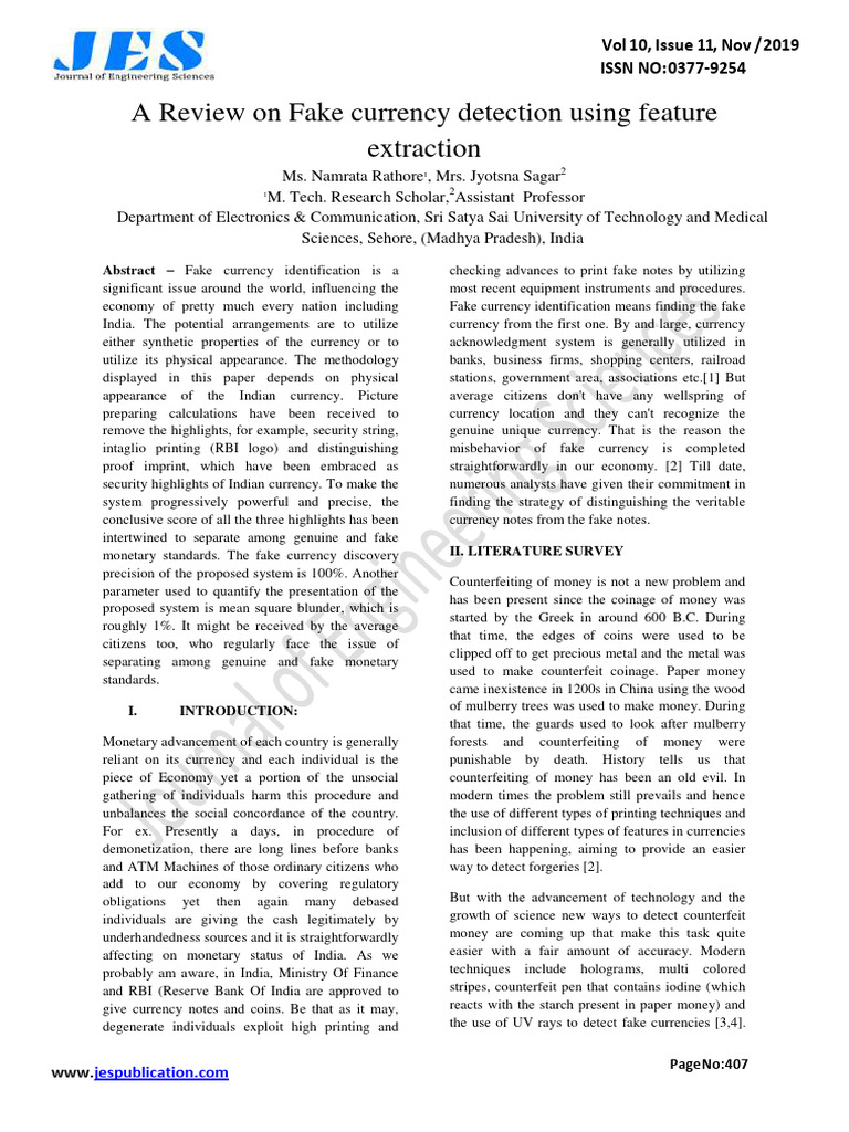 A Review On Fake Currency Detection Using Feature Extraction | PDF ...