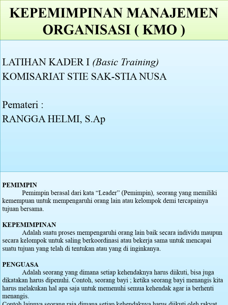 Pemahaman Kepemimpinan Manajemen KMO | PDF | Pengembangan Diri