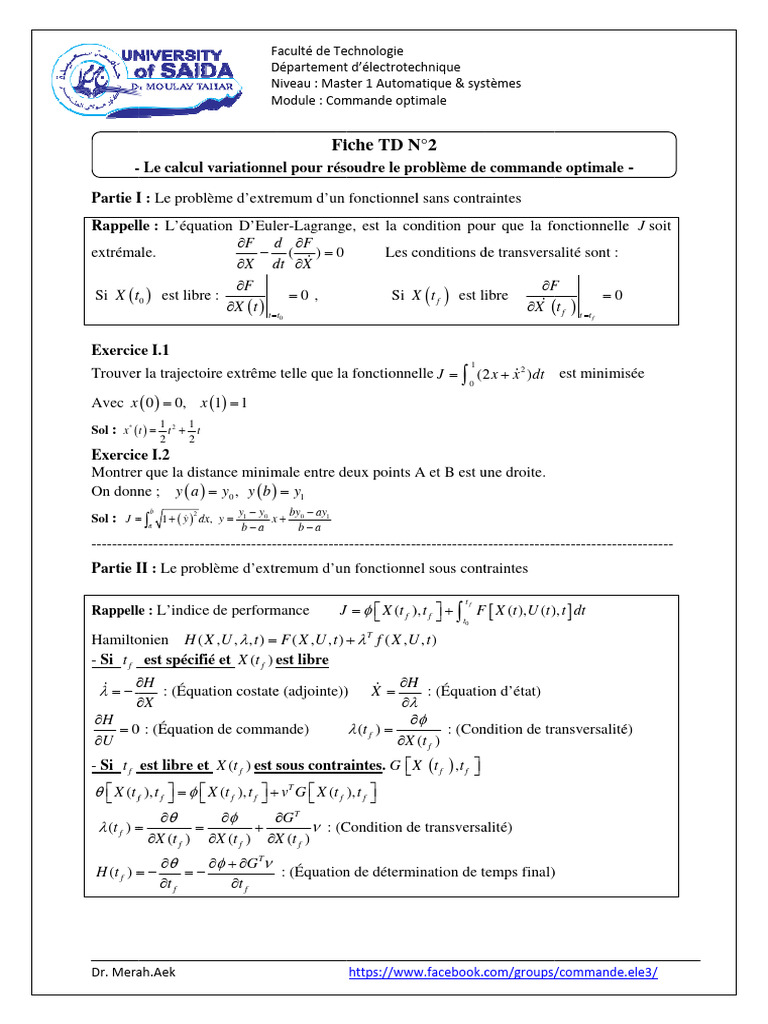 Commande Optimale et Calcul Variationnel | PDF | Mathématiques ...