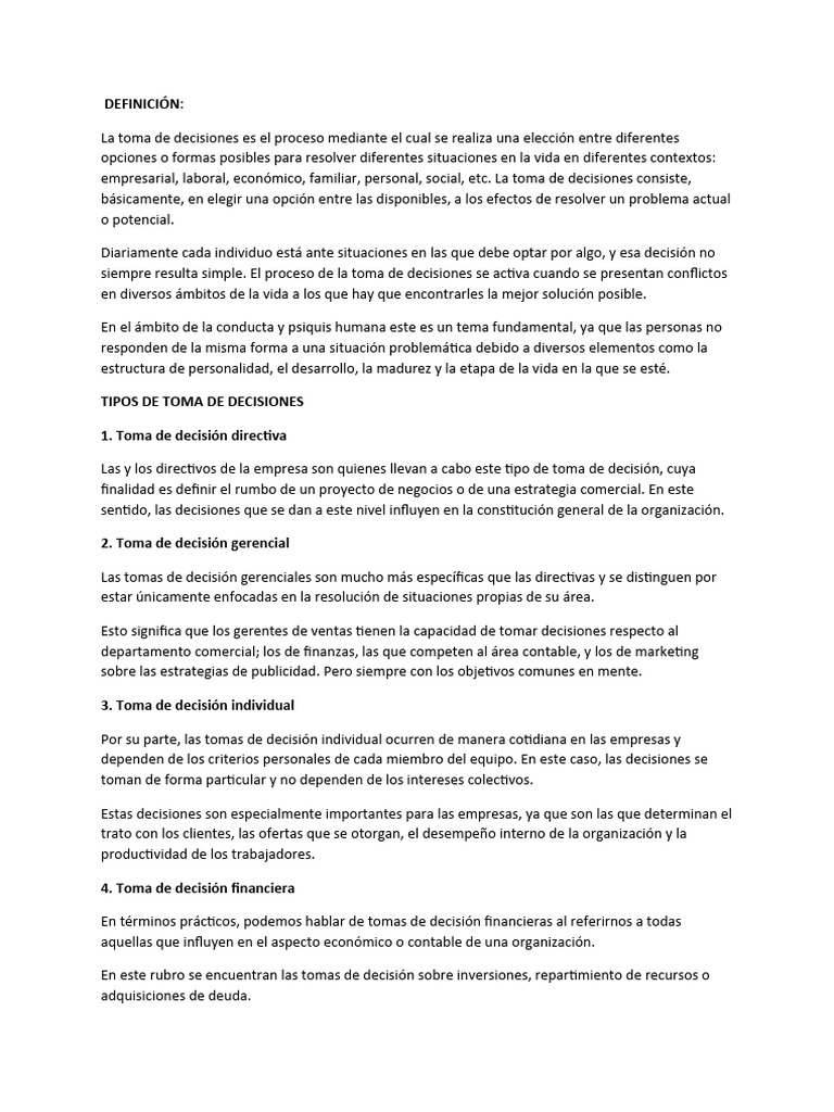 Tipos y Proceso de Toma de Decisiones | PDF | Toma de decisiones | Business