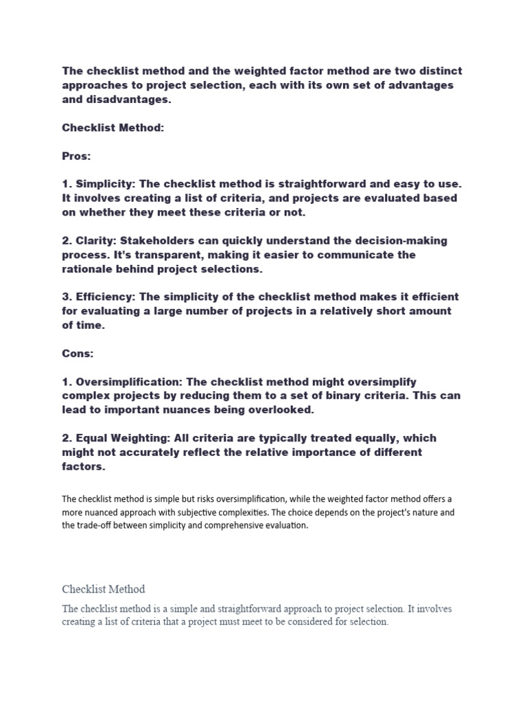 Project Selection Methods: Checklist vs. Weighted Factors | PDF ...