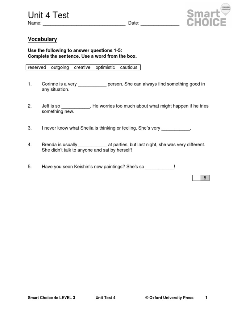 Smart Choice 4e Level 3 Unit Test 4 | PDF