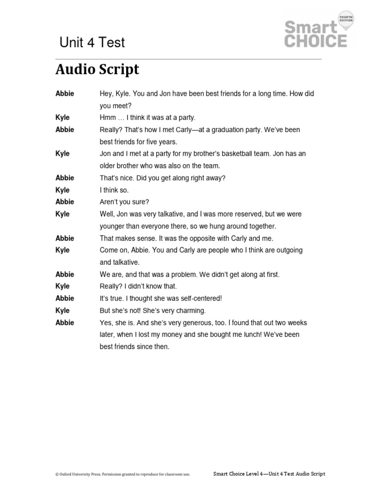 Smart Choice Level 4 Unit 4 Test Audio Script | PDF