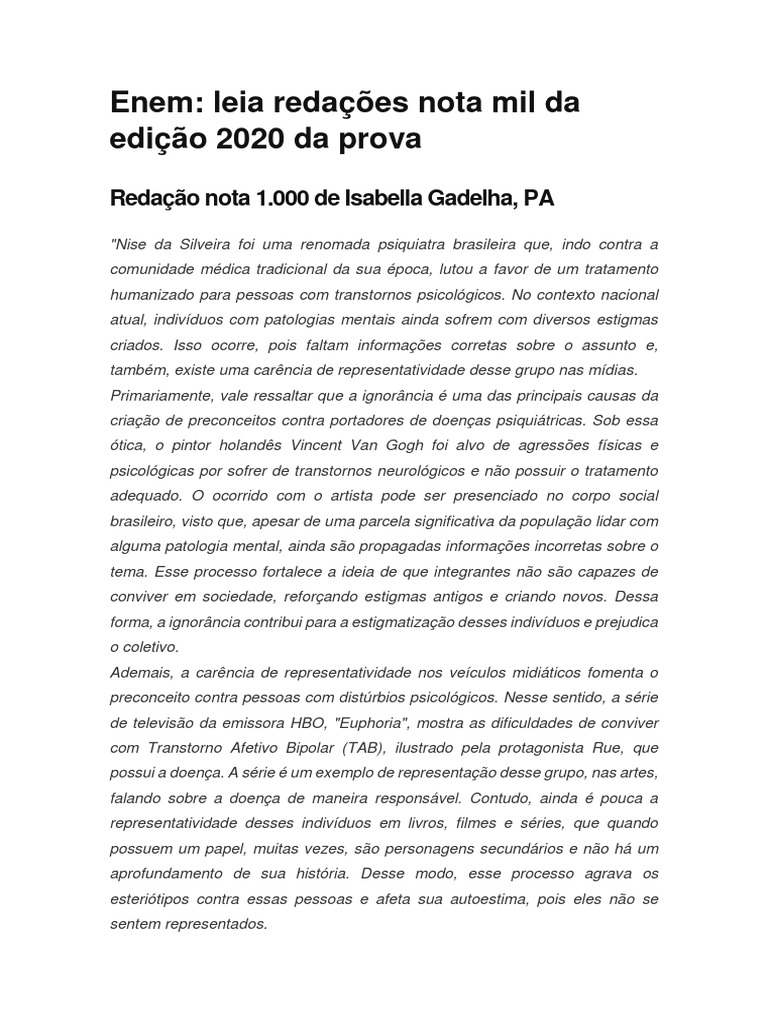 Enem Leia Redações Nota Mil Da Edição 2020 Da Prova | PDF | Distúrbio ...