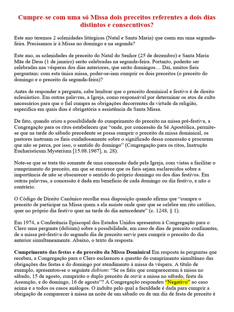 Cumprimento de Preceitos na Missa | PDF | Missa (liturgia) | Liturgia