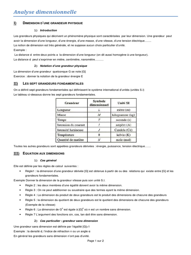 Analyse Dimensionnelle des Grandeurs Physiques | PDF | Grandeur ...