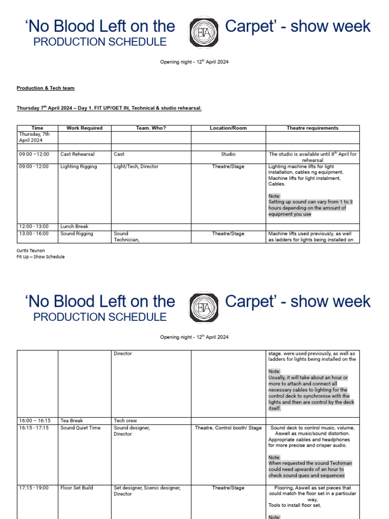 Production Schedule Teams | PDF | Performing Arts | Theatre