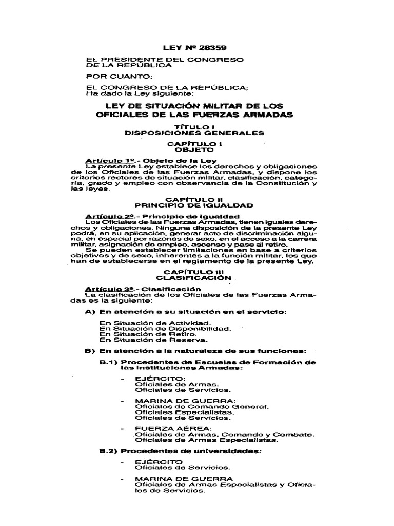Ley 28359 Situacion Militar de Los Oficiales de Las Fuerzas Armadas | PDF