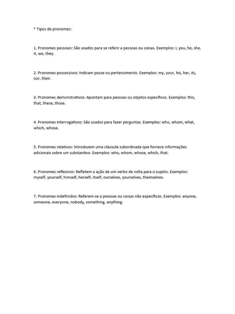 Tipos e Exemplos de Pronomes | PDF