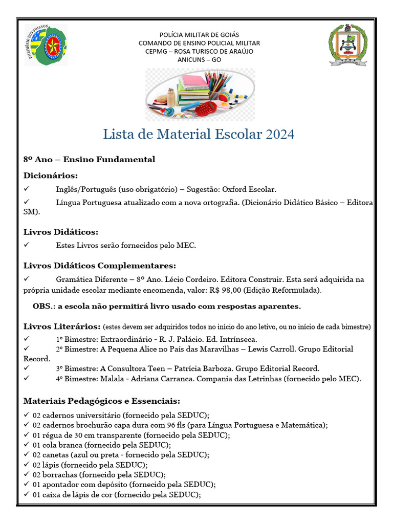 Lista de Material Escolar 8º Ano | PDF