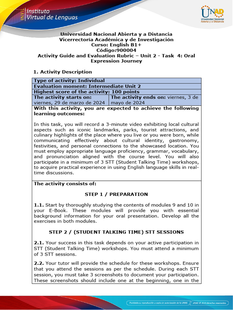 Activity Guide and Evaluation Rubric - Unit 2 - Task 4 Oral Expression ...