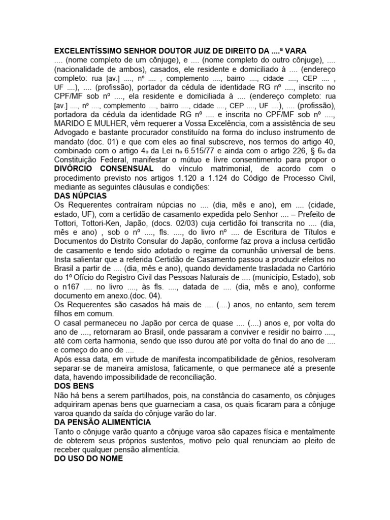 Divórcio Consensual: Pedido e Cláusulas | PDF | Divórcio | Casamento