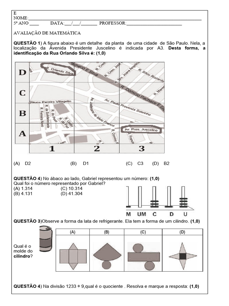 5º Ano Simulado de Matemática Localização | PDF