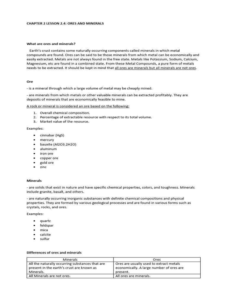 Chapter2 Lesson2.4 Ores and Minerals | PDF | Ore | Mining