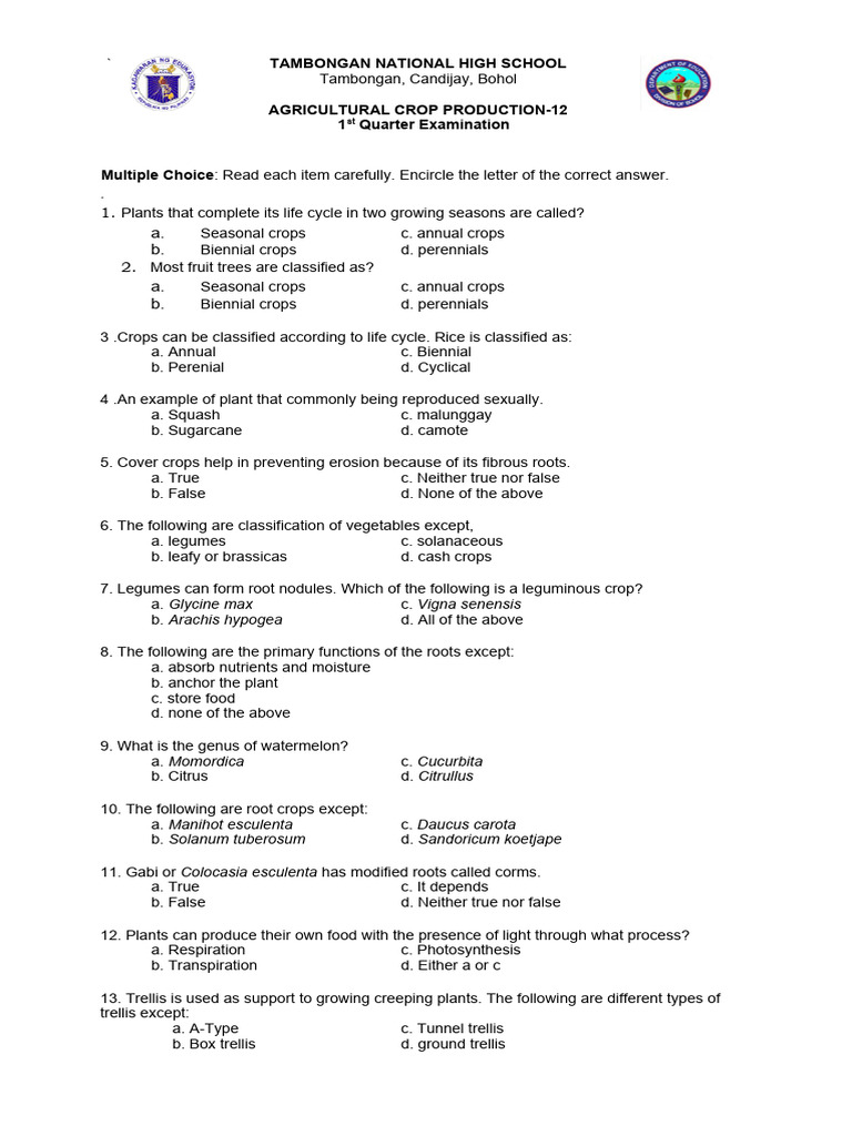 Crop Production Exam Questions | PDF | Science & Mathematics