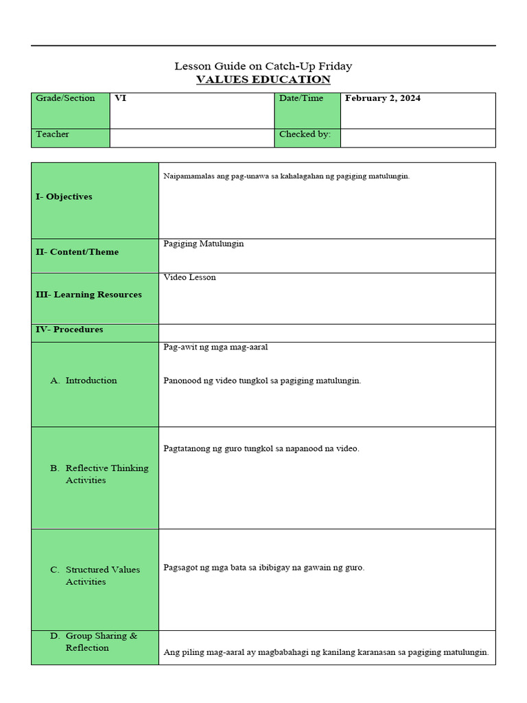 Values Education - Lesson Guide FEB 2, 2024 | PDF