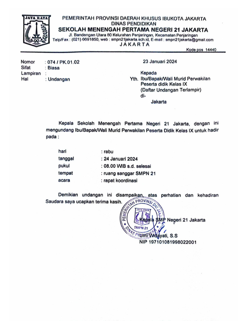 Undangan Orang Tua Kelas 9 | PDF