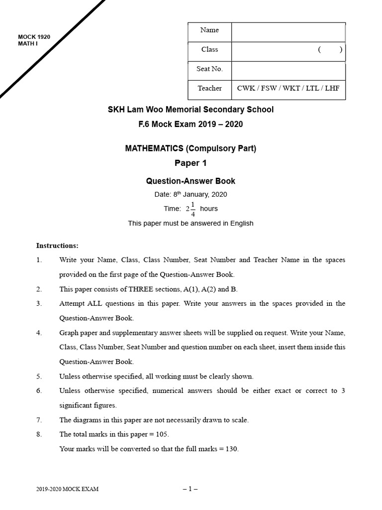 F.6 Mathematics Mock Exam 2019-2020 | PDF | Mathematics
