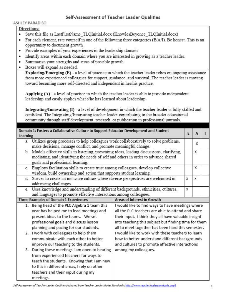 Teacher Leader Qualities Self-Assessment | PDF | Teachers | Learning