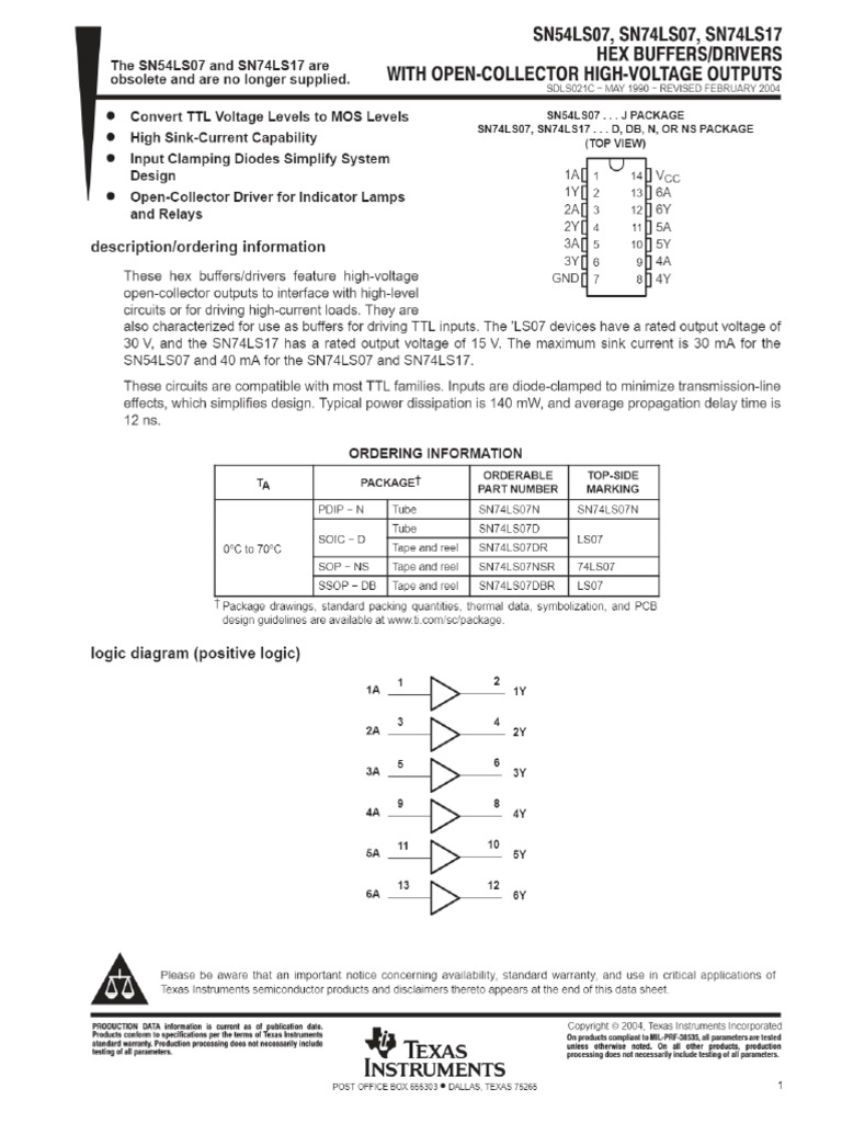 74LS07 PDF, 74LS07 Descripción, 74LS07 Hoja de Datos, 74LS07 Vista ...