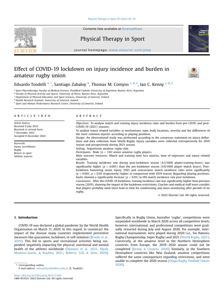 Effect of COVID 19 Lockdown On Injury Incidence and Bu - 2023 ...