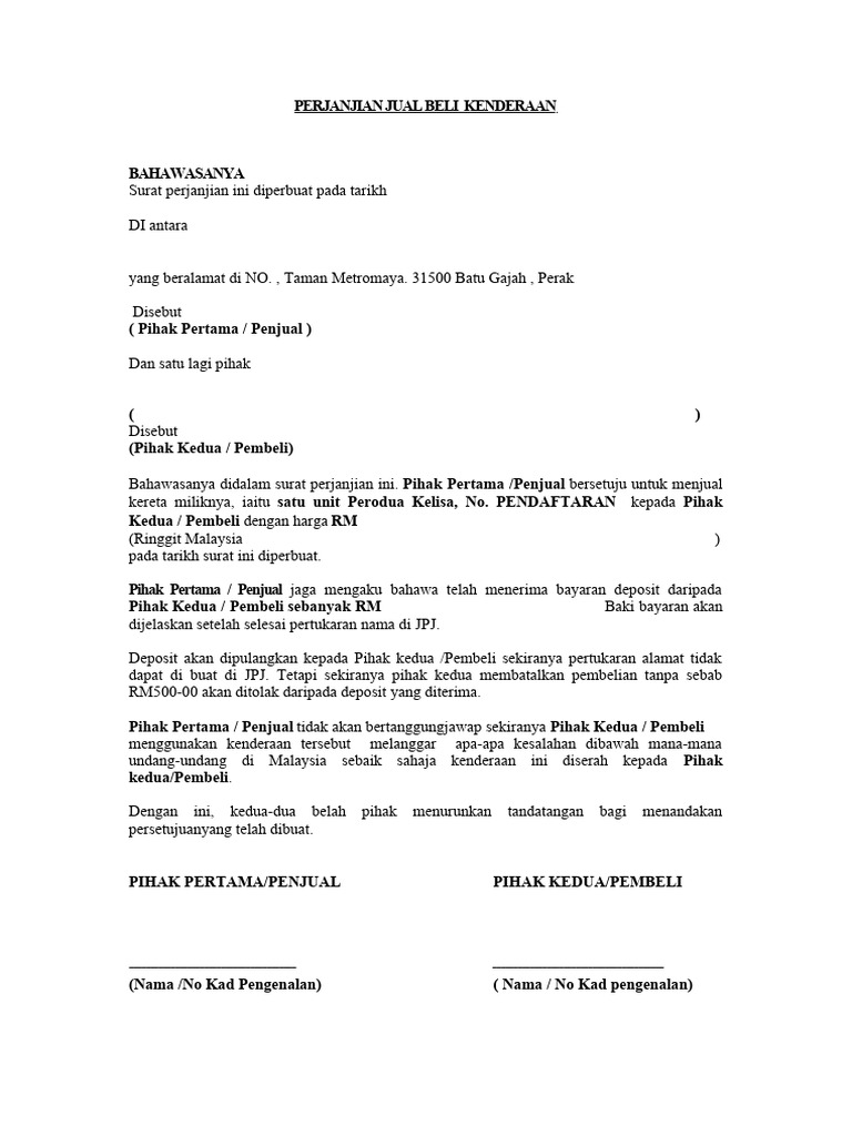 Perjanjian Jual Beli Kenderaan | PDF