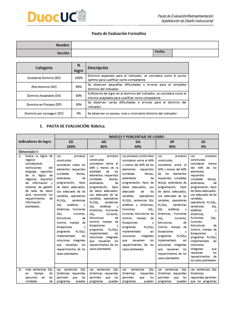 3 5 4 pauta de evaluacion formativa pdf sql pl sql