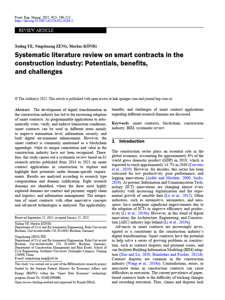 Systematic Literature Review On Smart Contracts in The Construction ...
