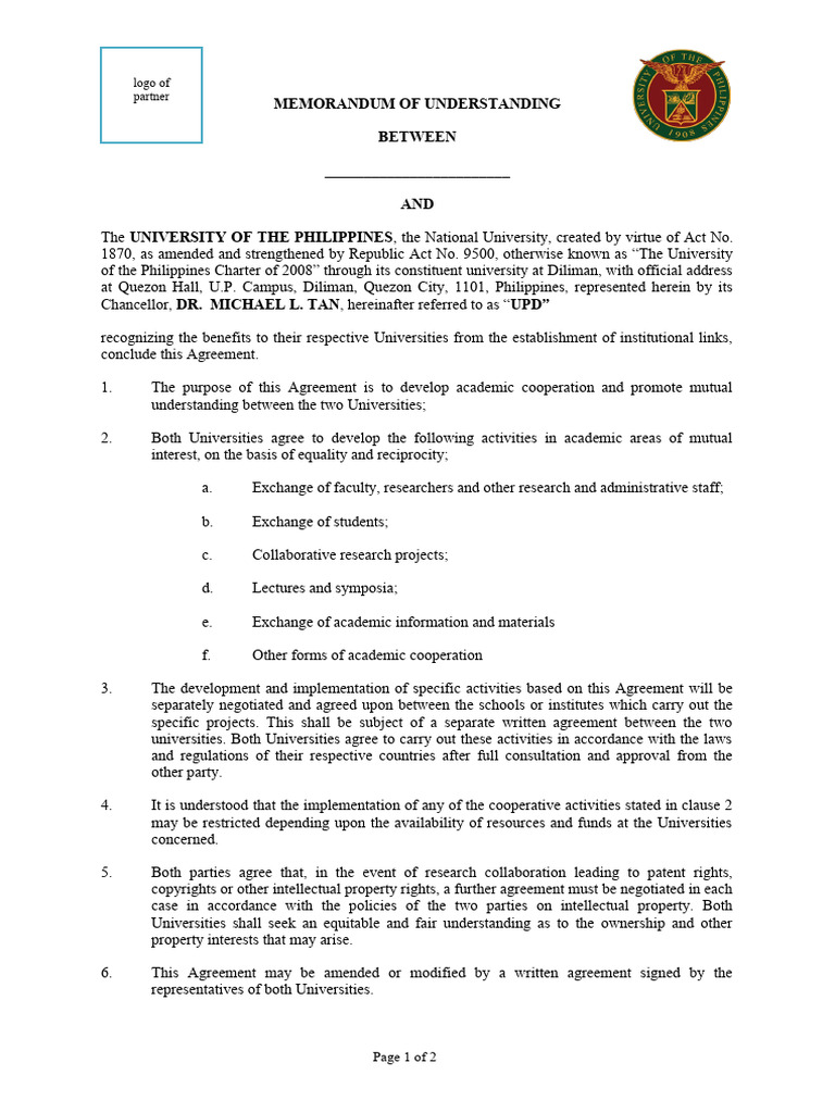 OVCAA ECA - 18 237 - UPD MOU Template - Updated03012017 | PDF ...