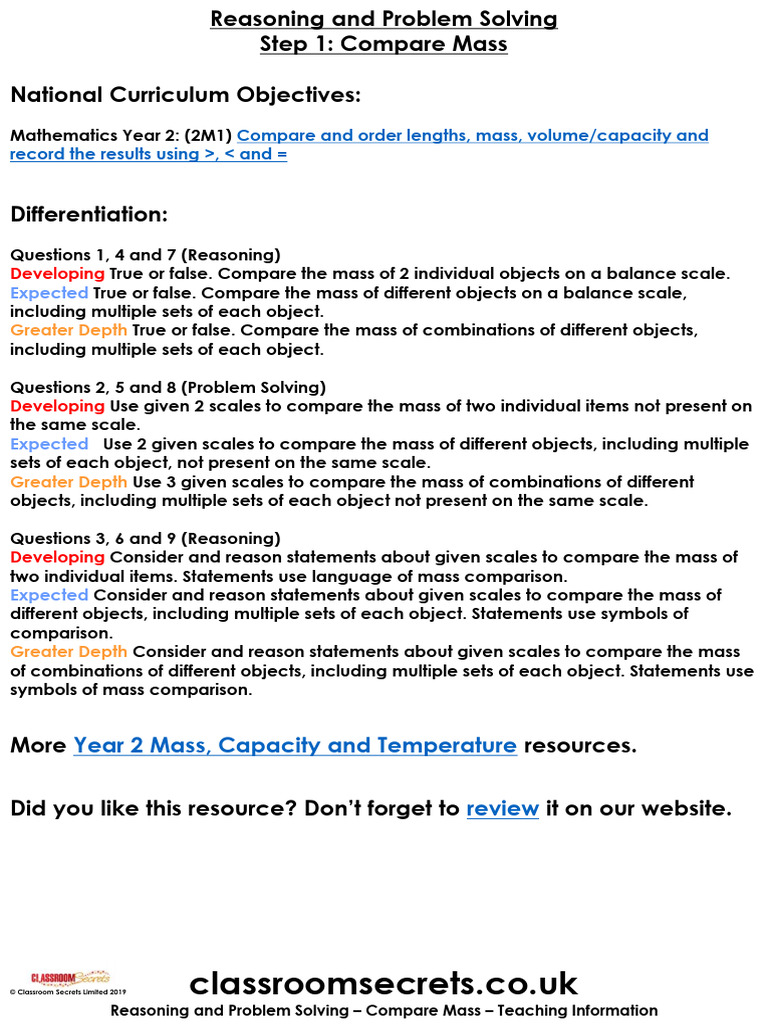 Year 2 Mass Comparison Activities | PDF | Mathematics