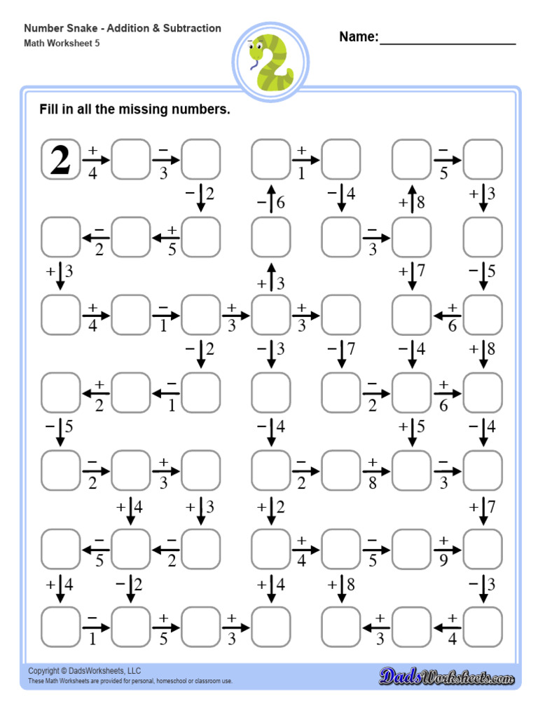 Name:: Number Snake - Addition \u0026 Subtraction | PDF, image size:768x1024