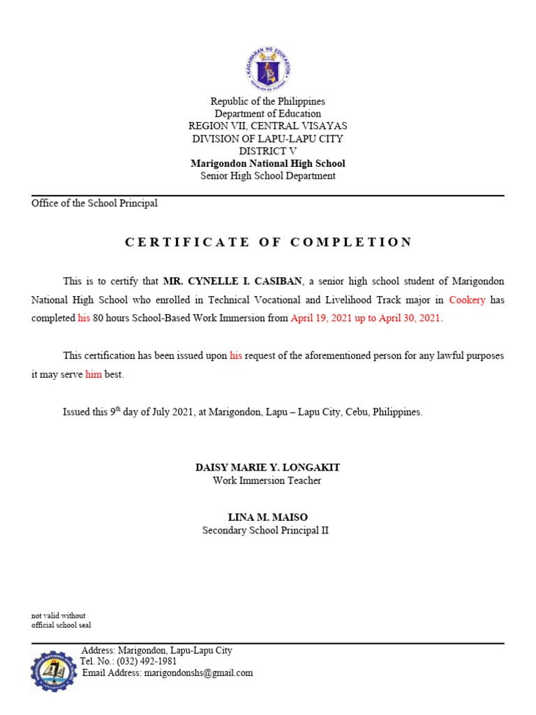 Certificate of Completion: Work Immersion | PDF