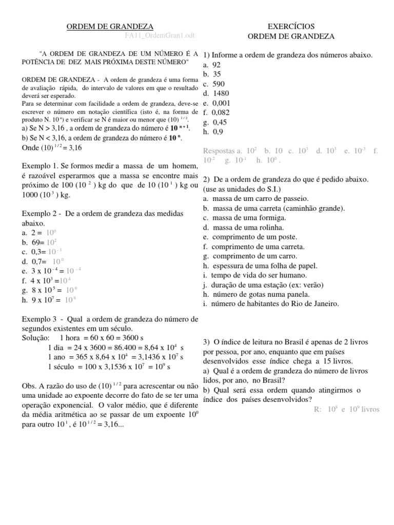 AULA DE FÍSICA 2 - EXERCÍCIOS NOTAÇÃO CIENTÍFICA E ORDEM DE GRANDEZA 