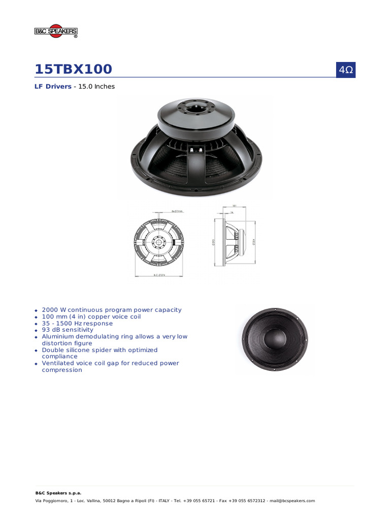 15TBX100 15-Inch LF Driver Specs | PDF | Loudspeaker | Inductor